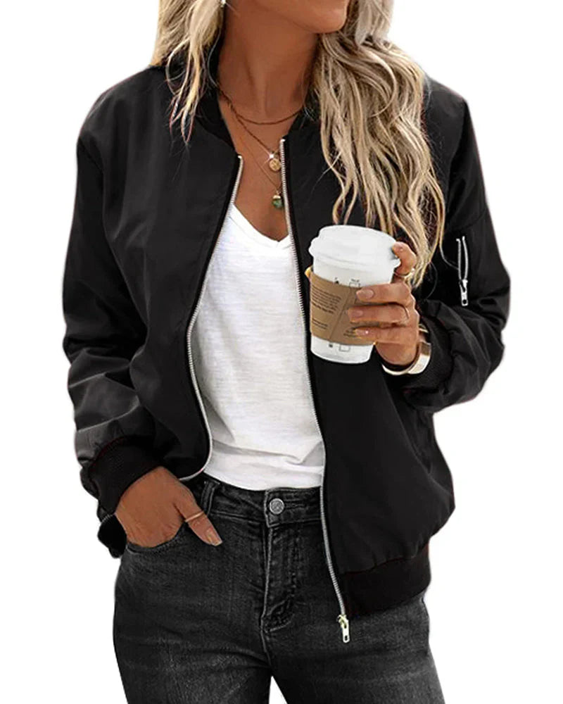 Women's Lightweight Bomber Jacket - Zipper & Sleeve Pocket