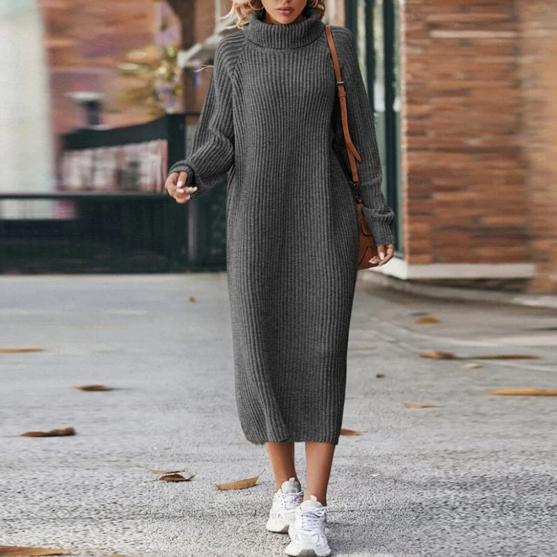 Damen Gestricktes Rollkragen-Pulloverkleid - Midi-Länge & Entspannte Passform