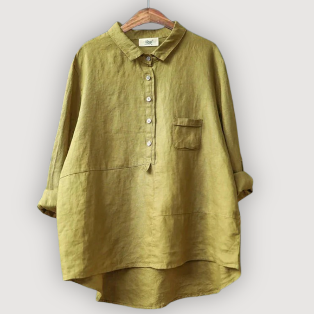 Damen Linen Oversized-Bluse - Lange Ärmel mit Brusttasche