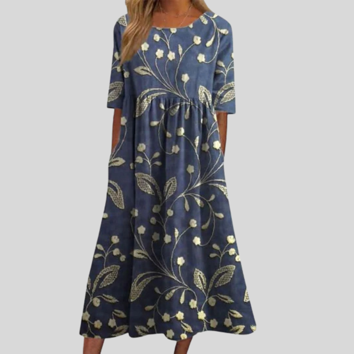 Damen Floral-Midikleid - Plissierte Taille mit Kurzärmeln