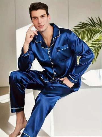 Herren Seidenartiges zweiteiliges Pyjama-Set - Hemd mit Kragen und Hose