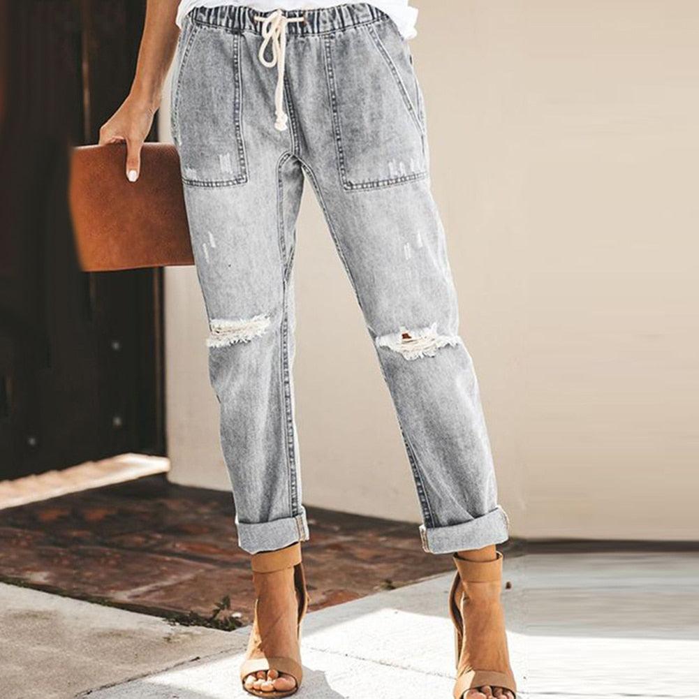 Women's Denim Jogger Jeans - Ankle Cuffs & Drawstring