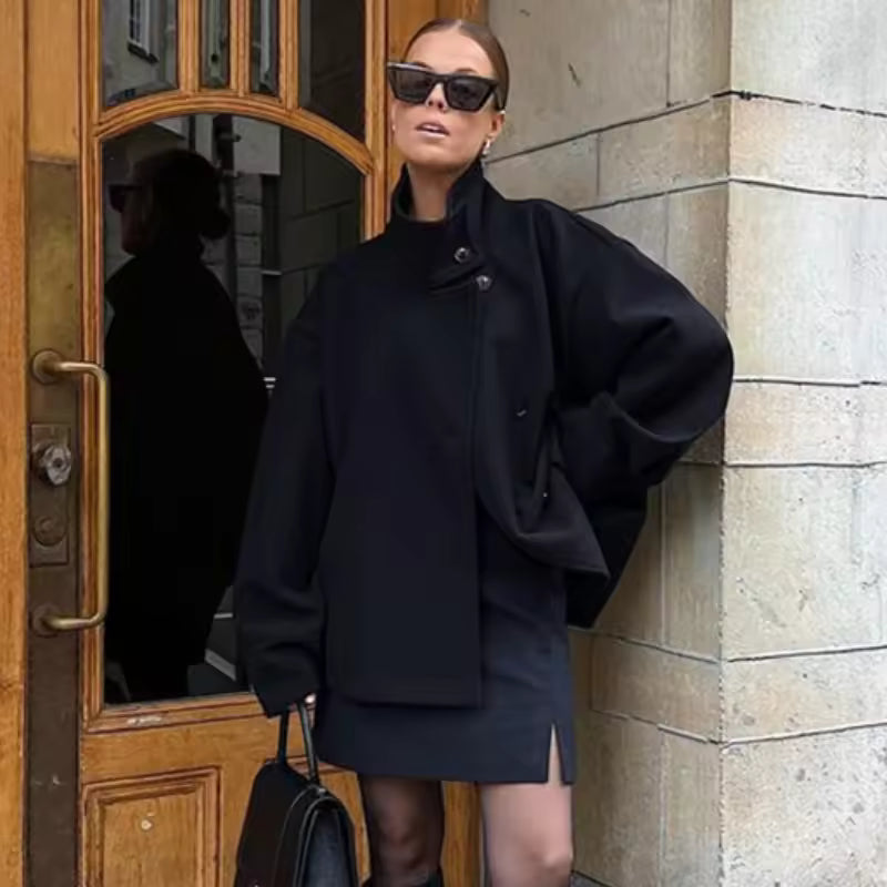 Women's double-breasted jacket with stand-up collar - cropped