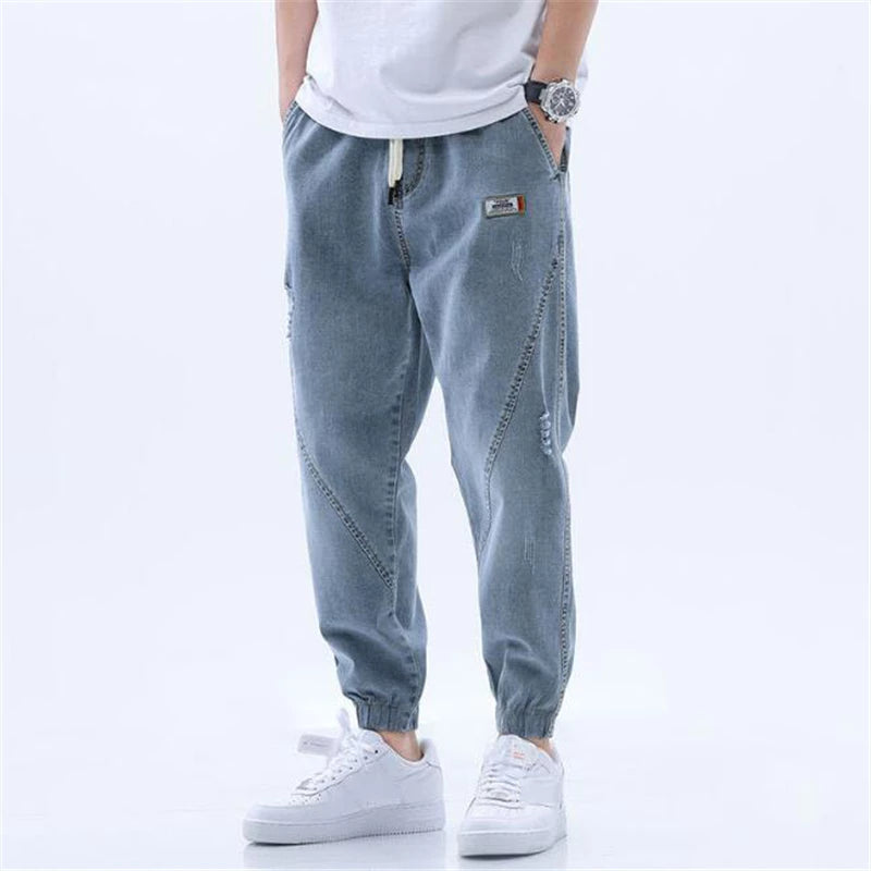 Herren Jogger Jeans mit Weitem Bein - Elastischer Bund mit Kordelzug