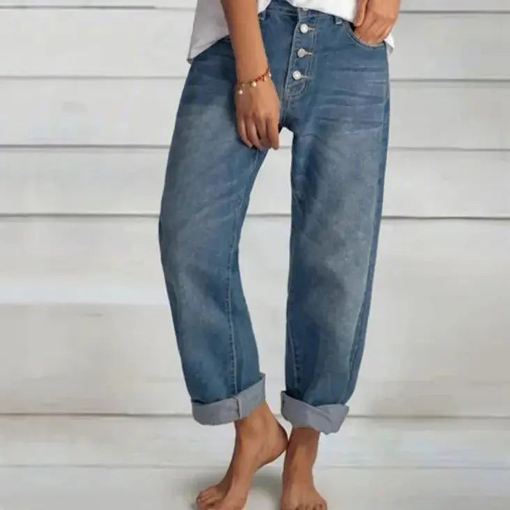 Damen Blaue Weite Jeans - Hohe Taille & Multi-Knopf