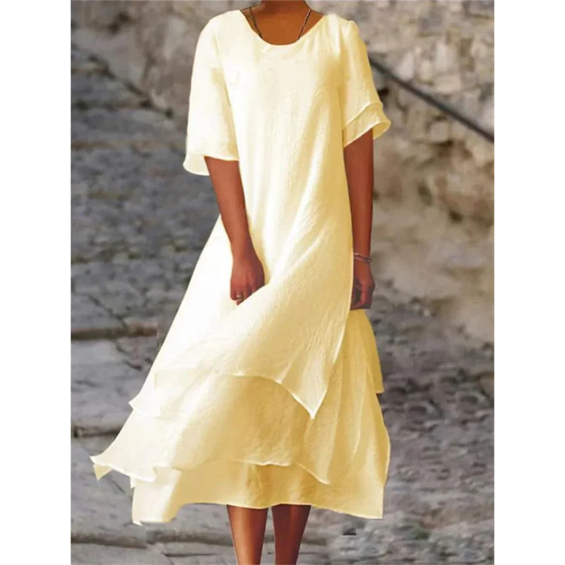 Dames midi-jurk - Gelaagde zoom met ronde halslijn