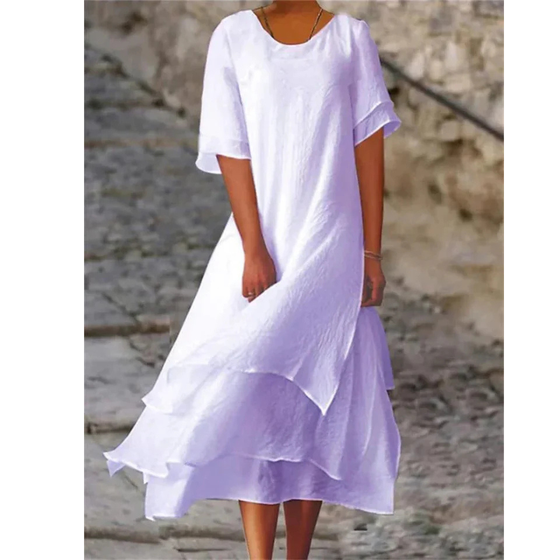 Dames midi-jurk - Gelaagde zoom met ronde halslijn