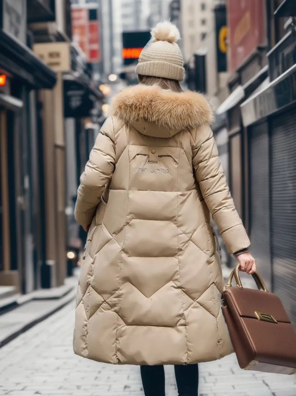 Abrigo maxi acolchado para mujer - Con borde de capucha peludo