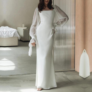 Damen Weißes Maxi Hochzeitskleid - Organza Ärmel mit Quadratischem Ausschnitt