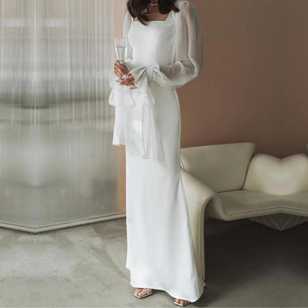 Damen Weißes Maxi Hochzeitskleid - Organza Ärmel mit Quadratischem Ausschnitt
