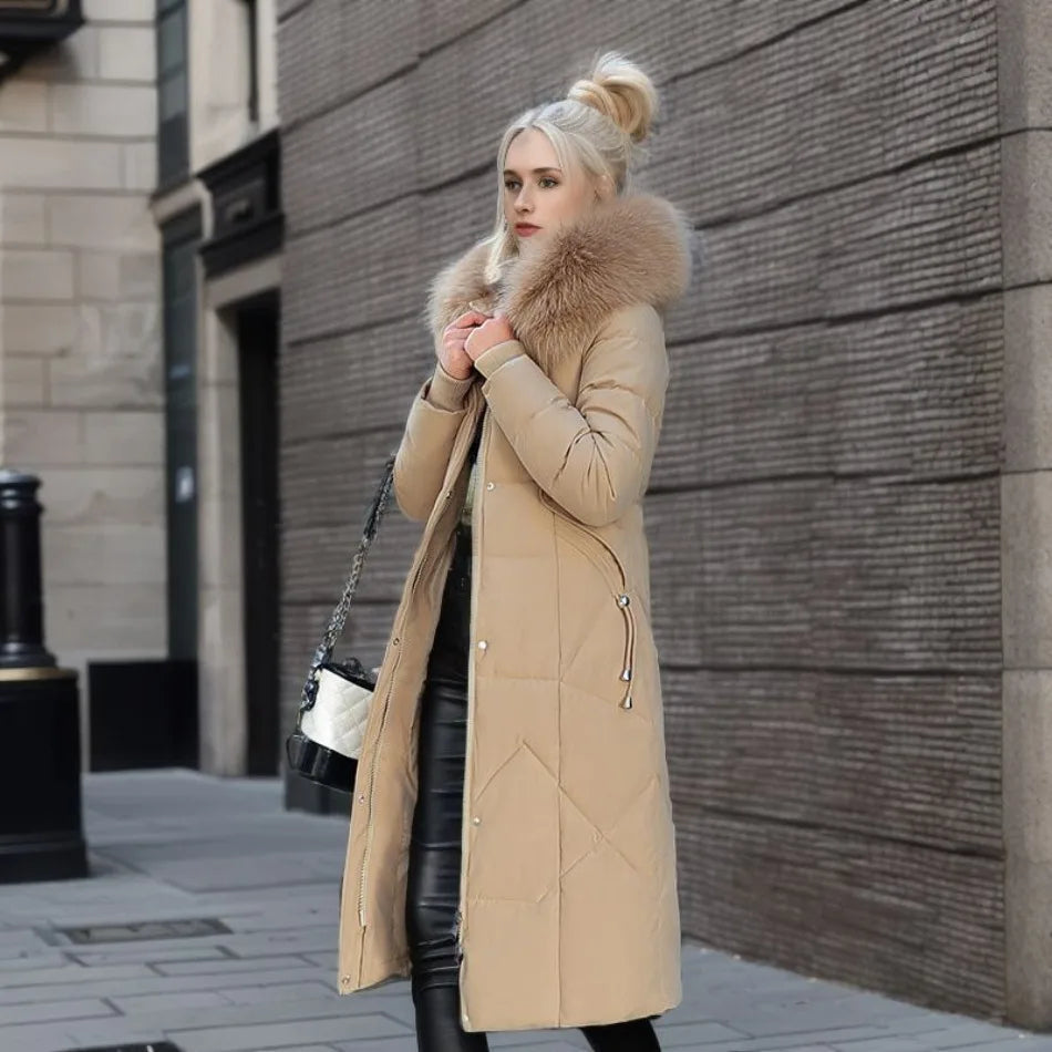 Women's Maxi Quilted Coat - With Fluffy Hood Trim