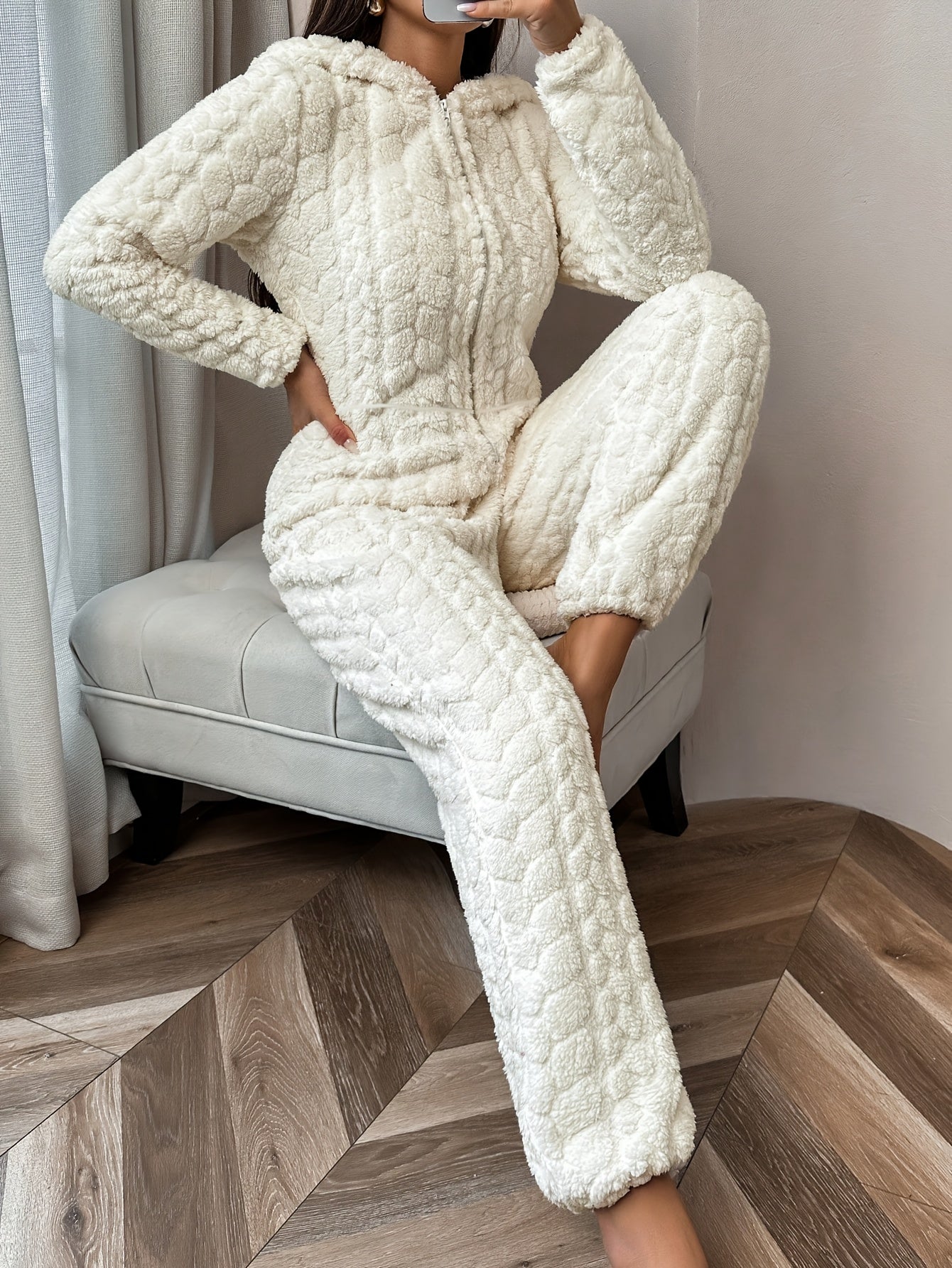 Damkräm texturerad huva-onesie - dragkedja mjuk loungewear