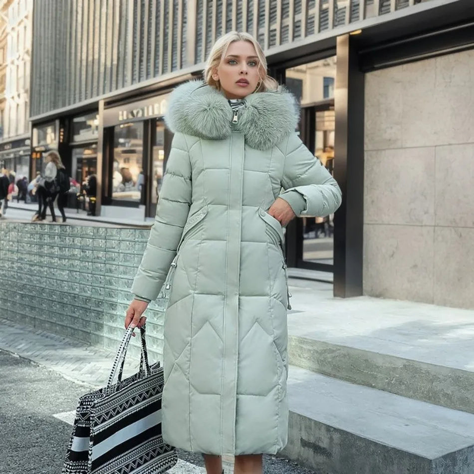 Women's Maxi Quilted Coat - With Fluffy Hood Trim