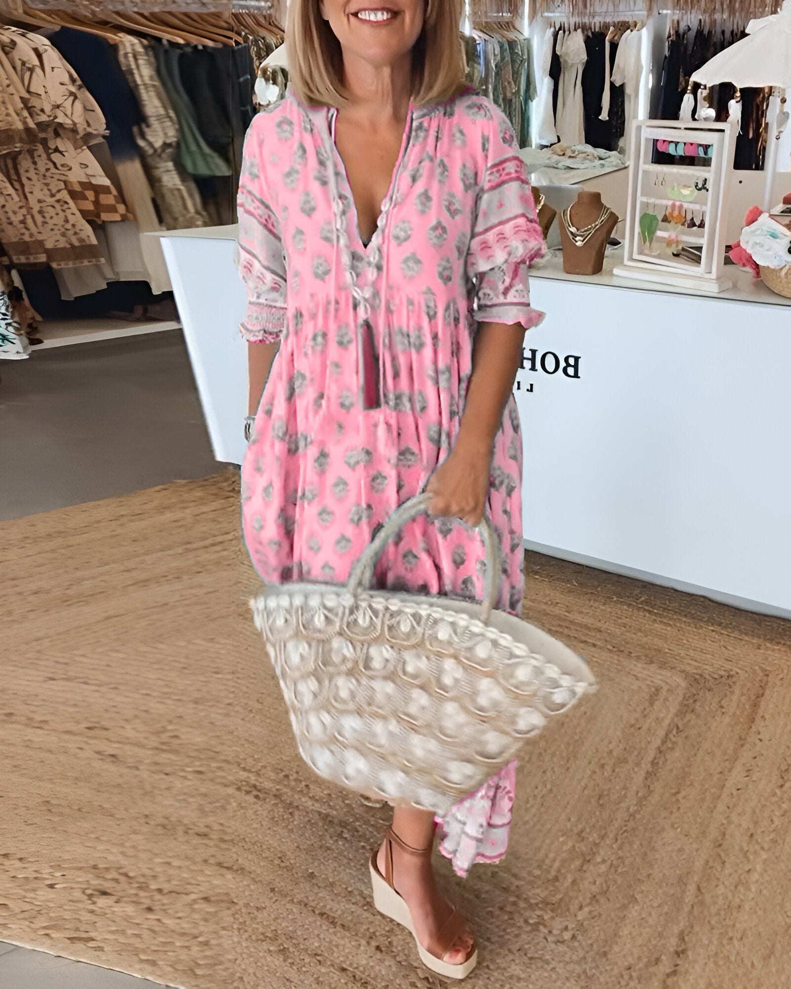 Damen Maxi-Blumenkleid - V-Ausschnitt mit 3/4 gesmokten Ärmeln