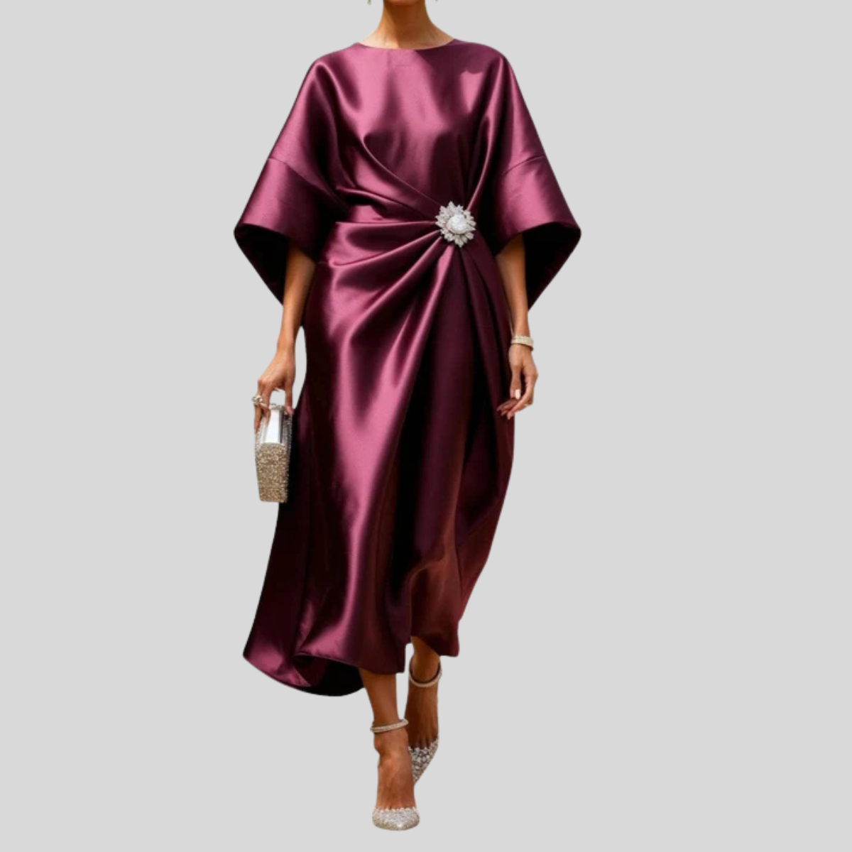 Damen Drapiertes Midikleid - Fledermausärmel mit Kristallbrosche