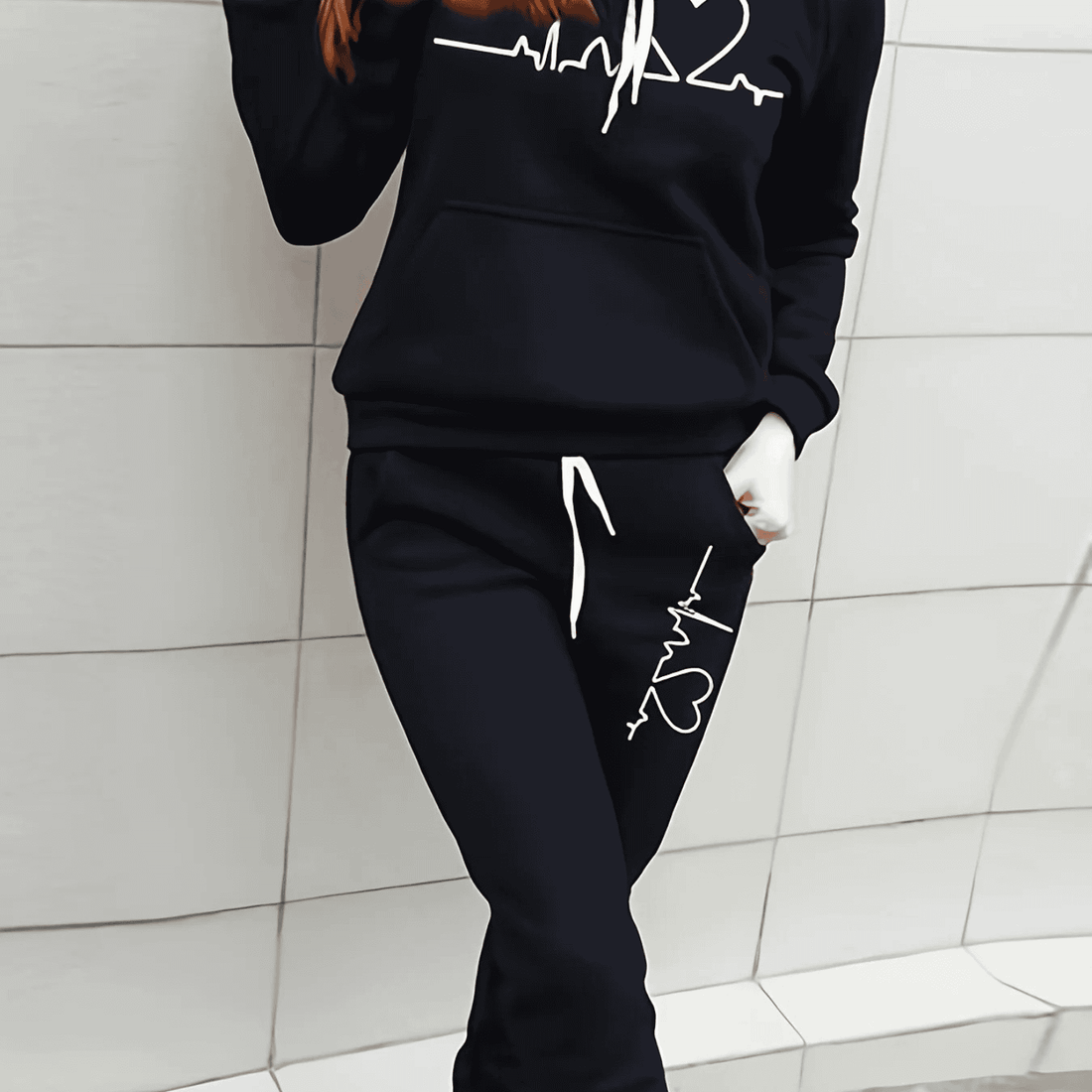 Damen Herzschlag Grafik Trainingsanzug Set - Hoodie & Jogger