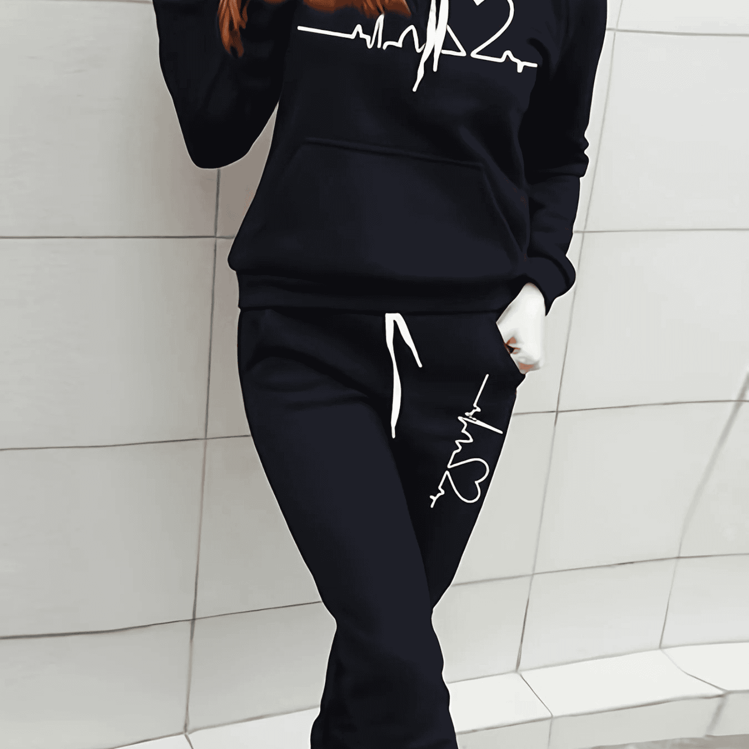 Damen Herzschlag Grafik Trainingsanzug Set - Hoodie & Jogger