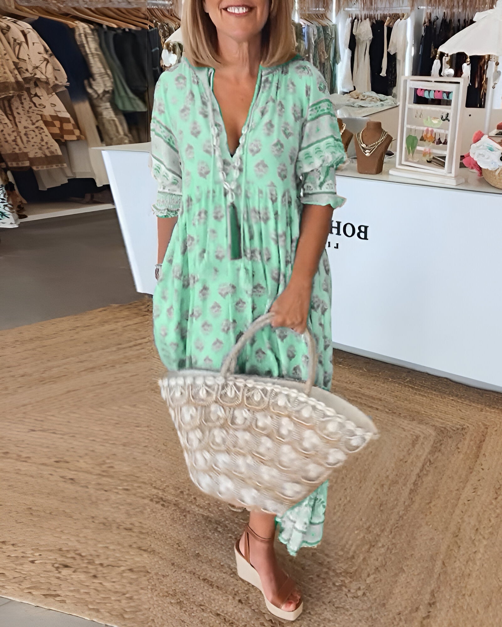 Damen Maxi-Blumenkleid - V-Ausschnitt mit 3/4 gesmokten Ärmeln