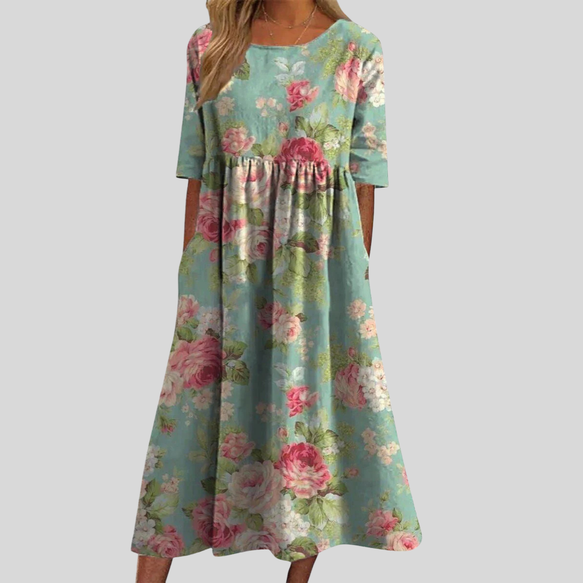 Damen Floral-Midikleid - Plissierte Taille mit Kurzärmeln