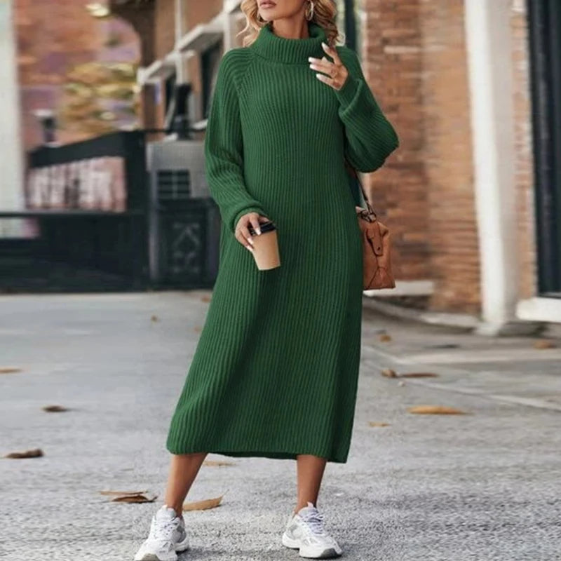 Damen Gestricktes Rollkragen-Pulloverkleid - Midi-Länge & Entspannte Passform