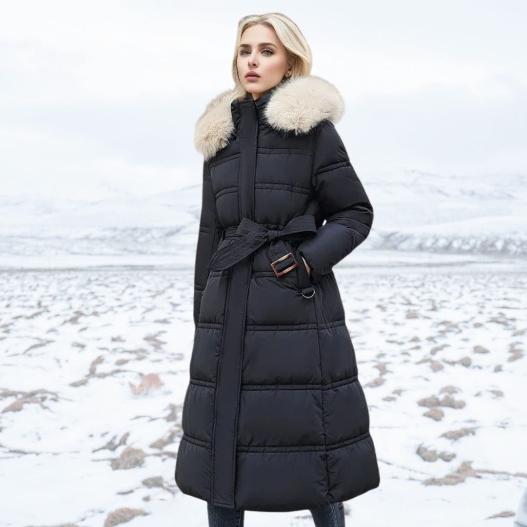 Damen Maxi Steppmantel - Gürtel mit Flauschigem Kragen