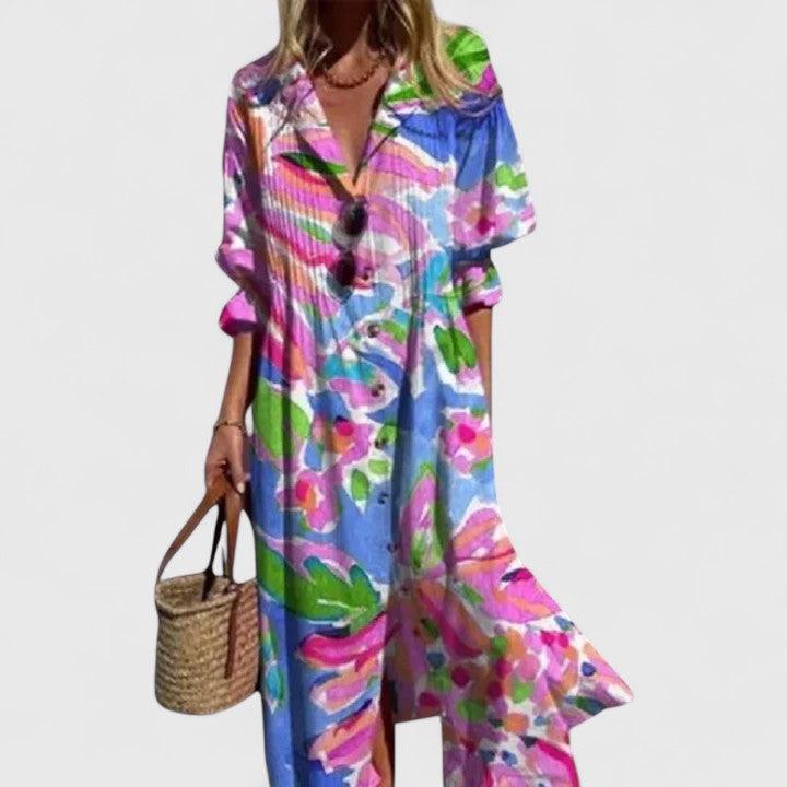 Women's Printed Midi Dress Lapel Collar and Button-Down Fastening