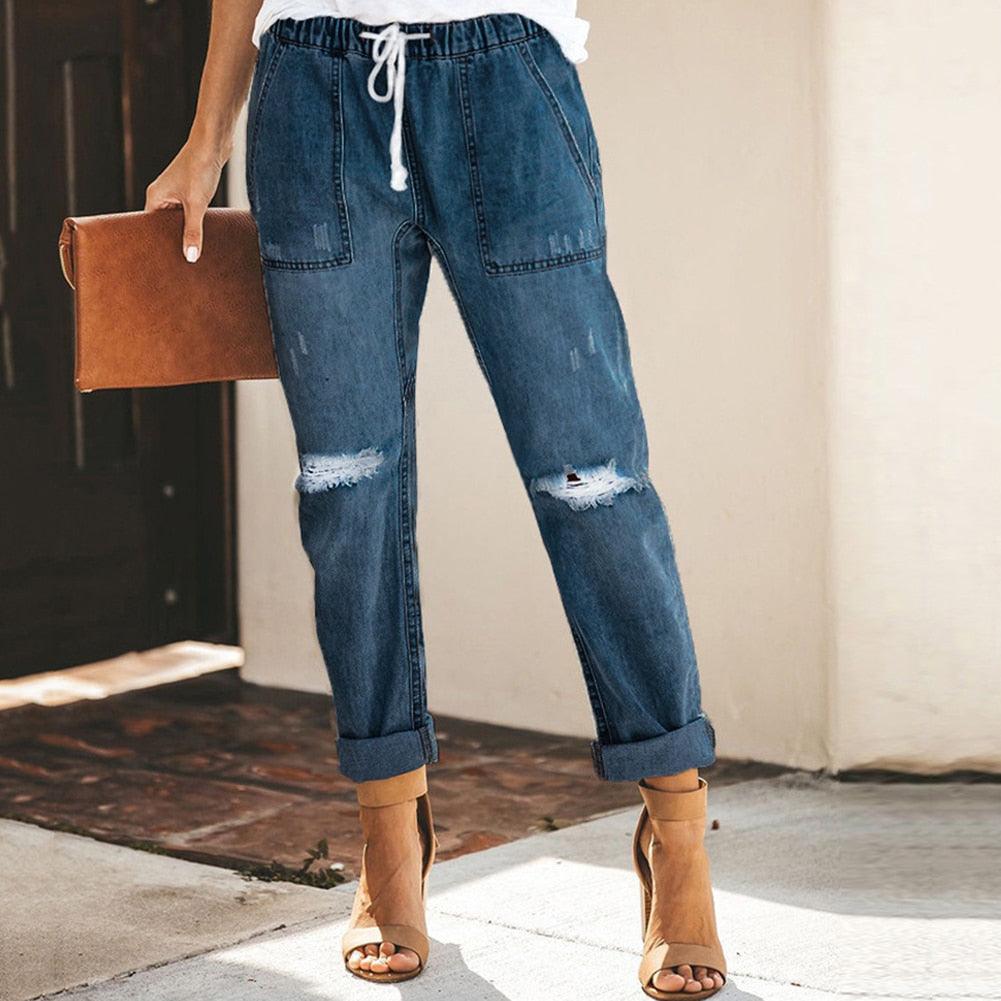 Women's Denim Jogger Jeans - Ankle Cuffs & Drawstring