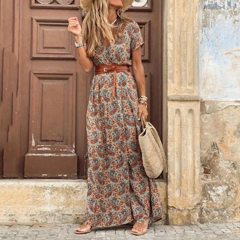 Women's Printed Maxi Dress - V-Neck with Belted Waist