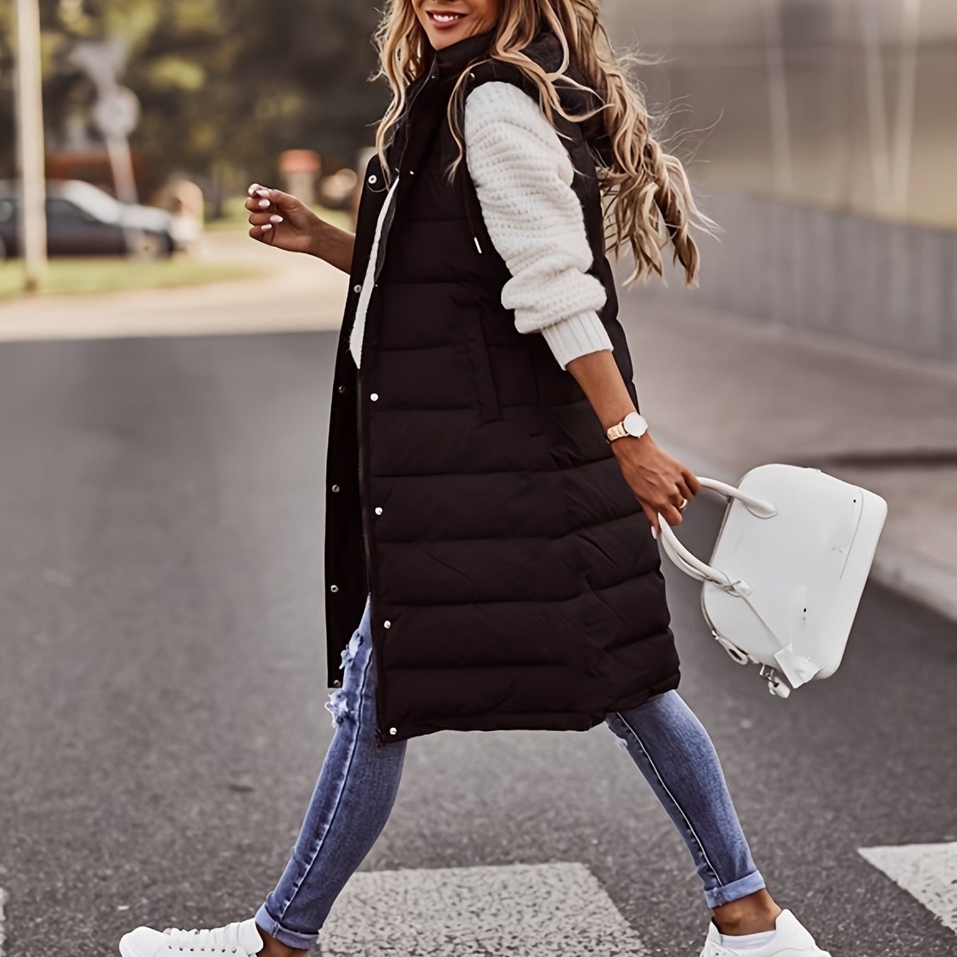 Damen Lange Gepolsterte Steppweste – Kapuze & Ärmellose Gilet