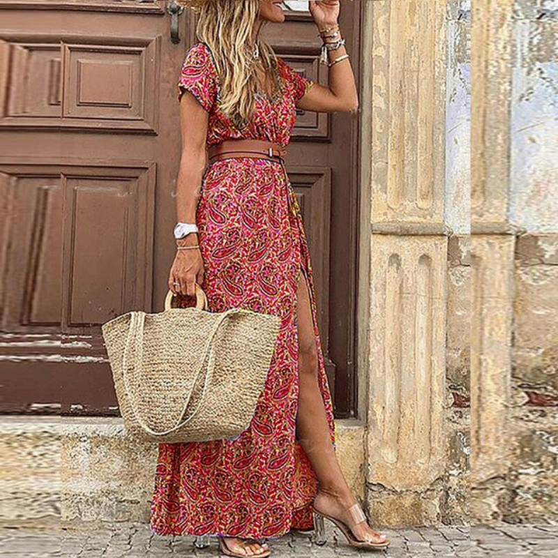 Women's Printed Maxi Dress - V-Neck with Belted Waist