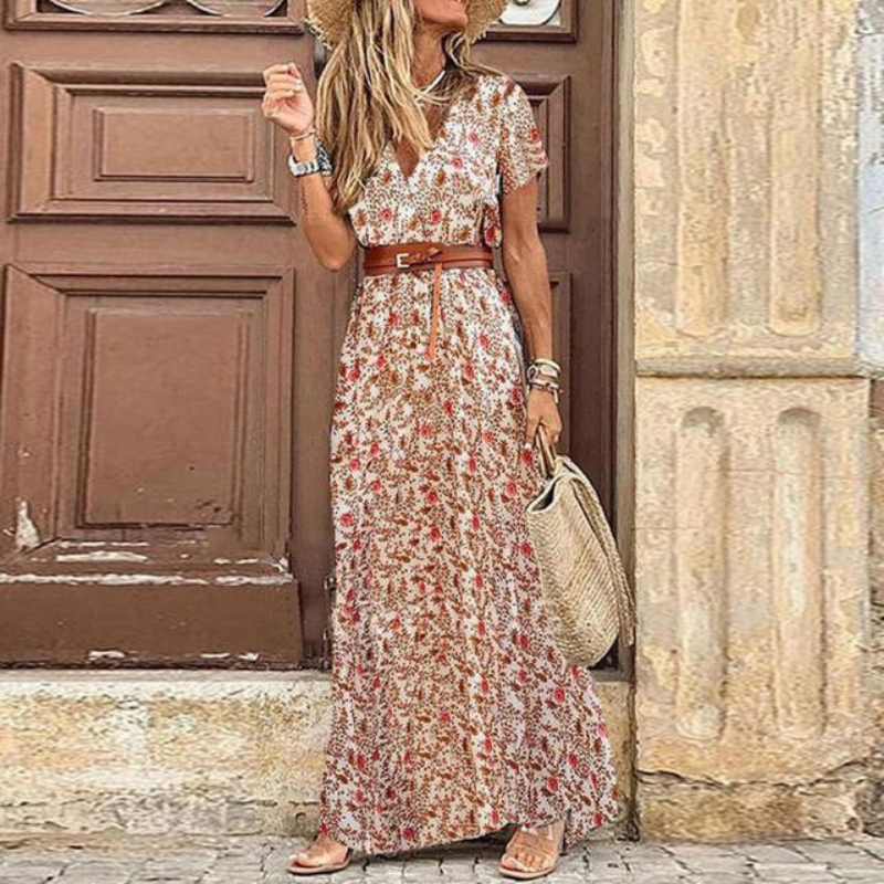 Women's Printed Maxi Dress - V-Neck with Belted Waist