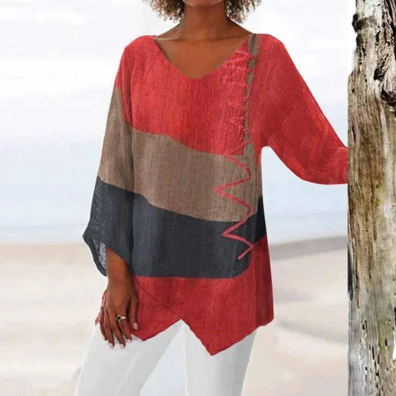 Women's V-Neck Blouse - Color Block with 3/4 Sleeves