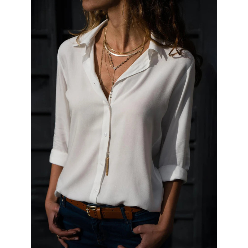 Women's Lightweight Blouse - Relaxed Fit with Roll-Tab Sleeves