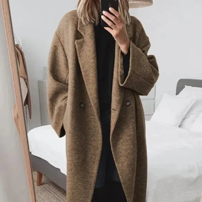 Women's Oversized Long Coat - Double-Breasted with Wide Lapel
