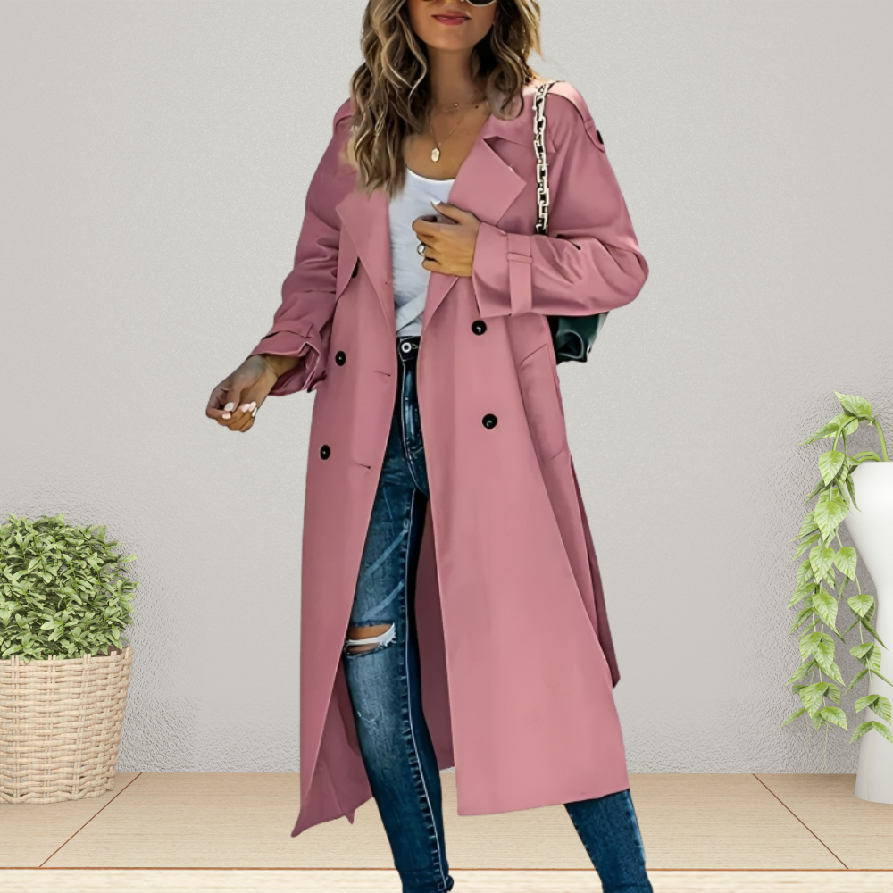 Women's Long Trench Coat - Double-Breasted Style