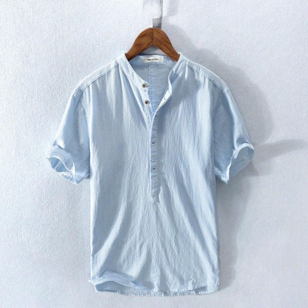 Men's Linen Shirt - Mandarin Collar with Short Sleeves