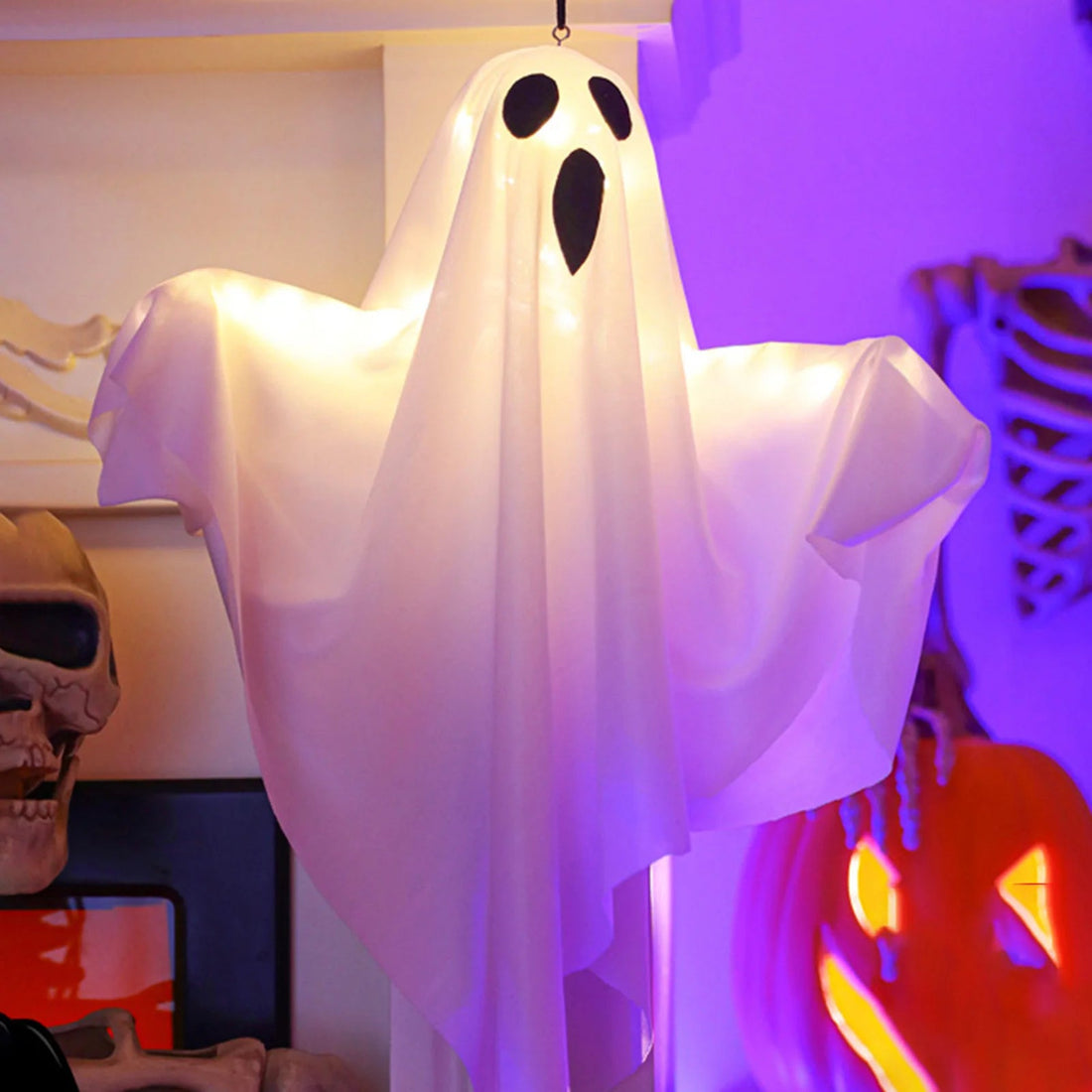 Decoración colgante de fantasma blanco iluminado - decoración exterior de Halloween
