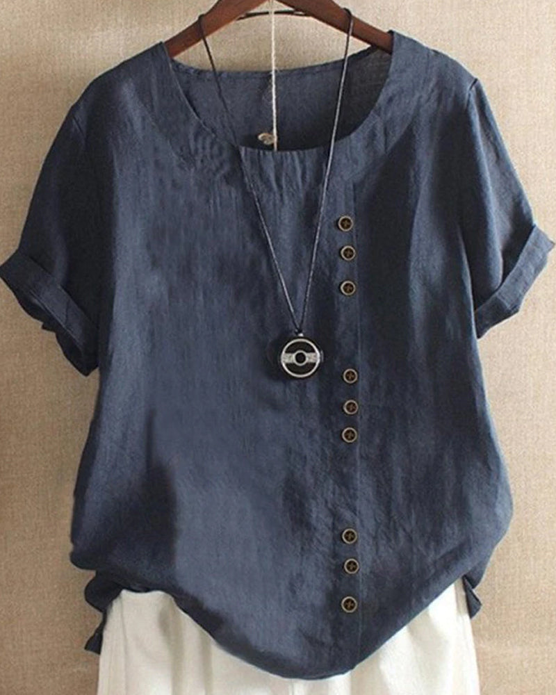 Women’s Linen Blouse - Round Neck with Cuffed Sleeves