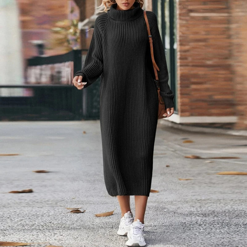 Damen Gestricktes Rollkragen-Pulloverkleid - Midi-Länge & Entspannte Passform