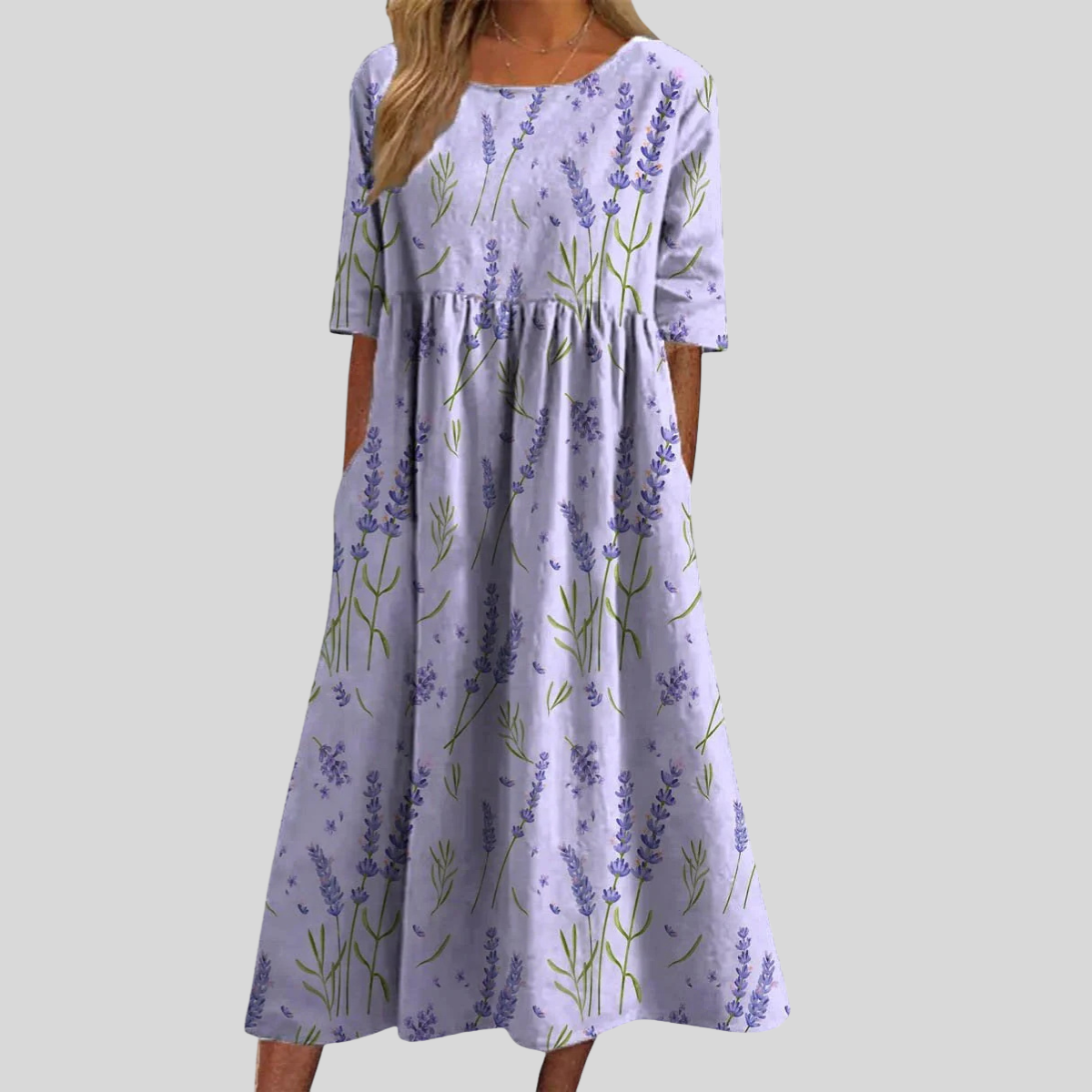 Damen Floral-Midikleid - Plissierte Taille mit Kurzärmeln