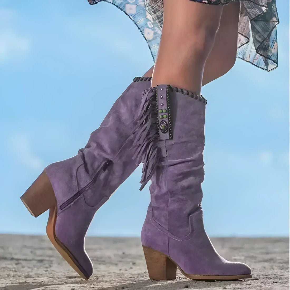 Women's Suede Cowboy Boots - With Fringe Calf-Length Style