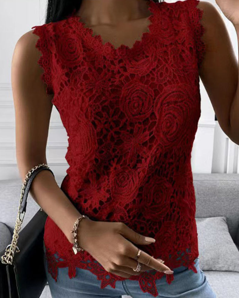 Women’s Sleeveless Top - Relaxed Fit with Floral Embroidery