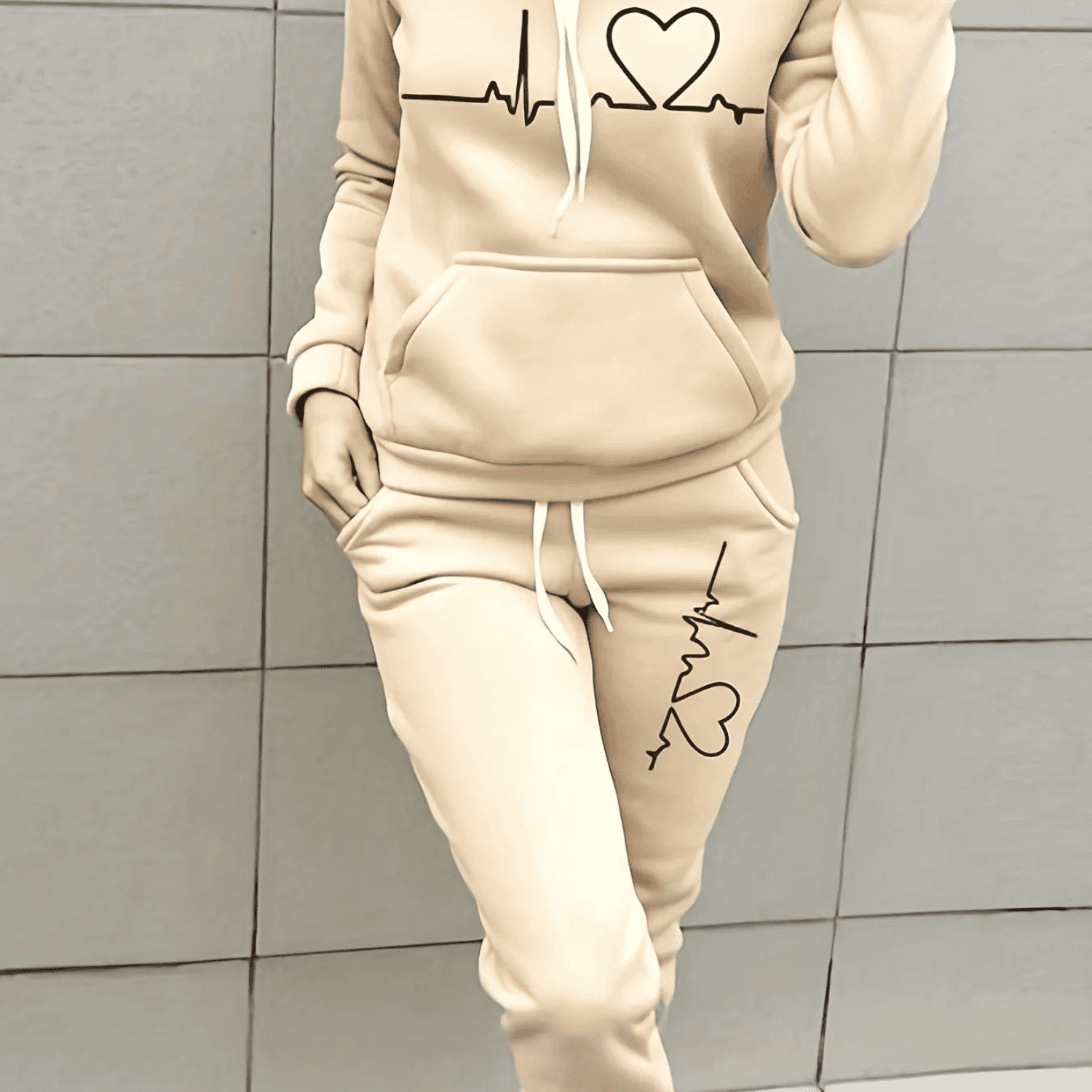 Damen Herzschlag Grafik Trainingsanzug Set - Hoodie & Jogger