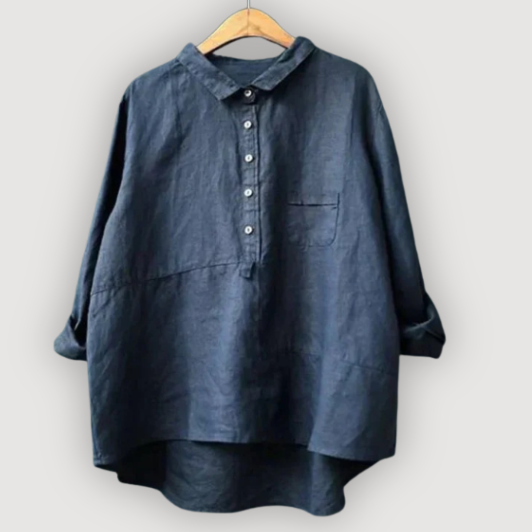 Damen Linen Oversized-Bluse - Lange Ärmel mit Brusttasche