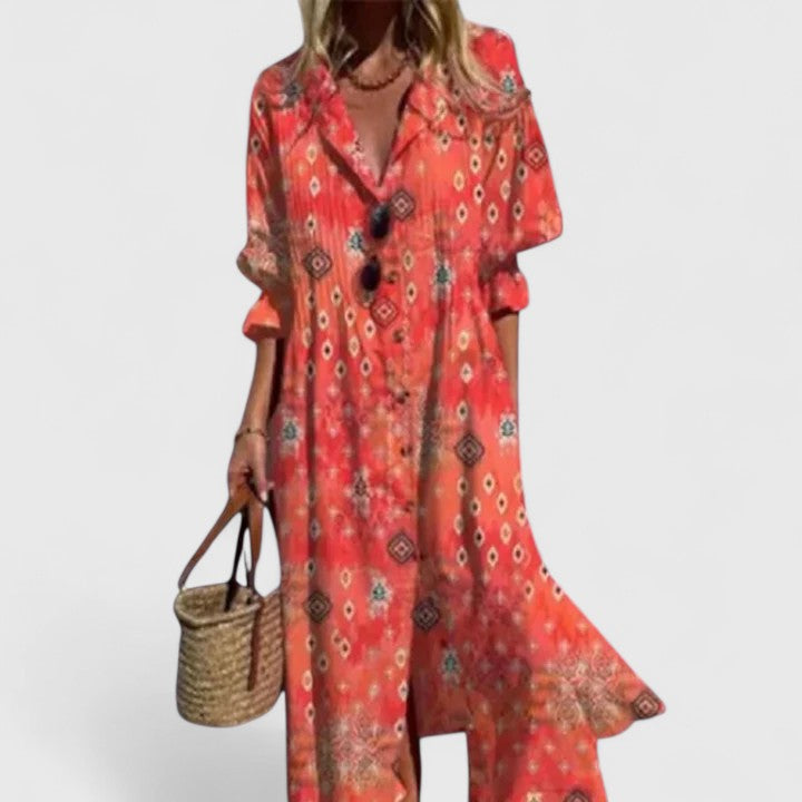 Women's Printed Midi Dress Lapel Collar and Button-Down Fastening