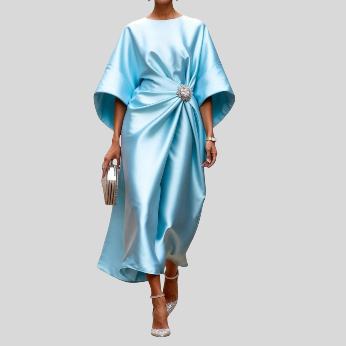 Damen Drapiertes Midikleid - Fledermausärmel mit Kristallbrosche