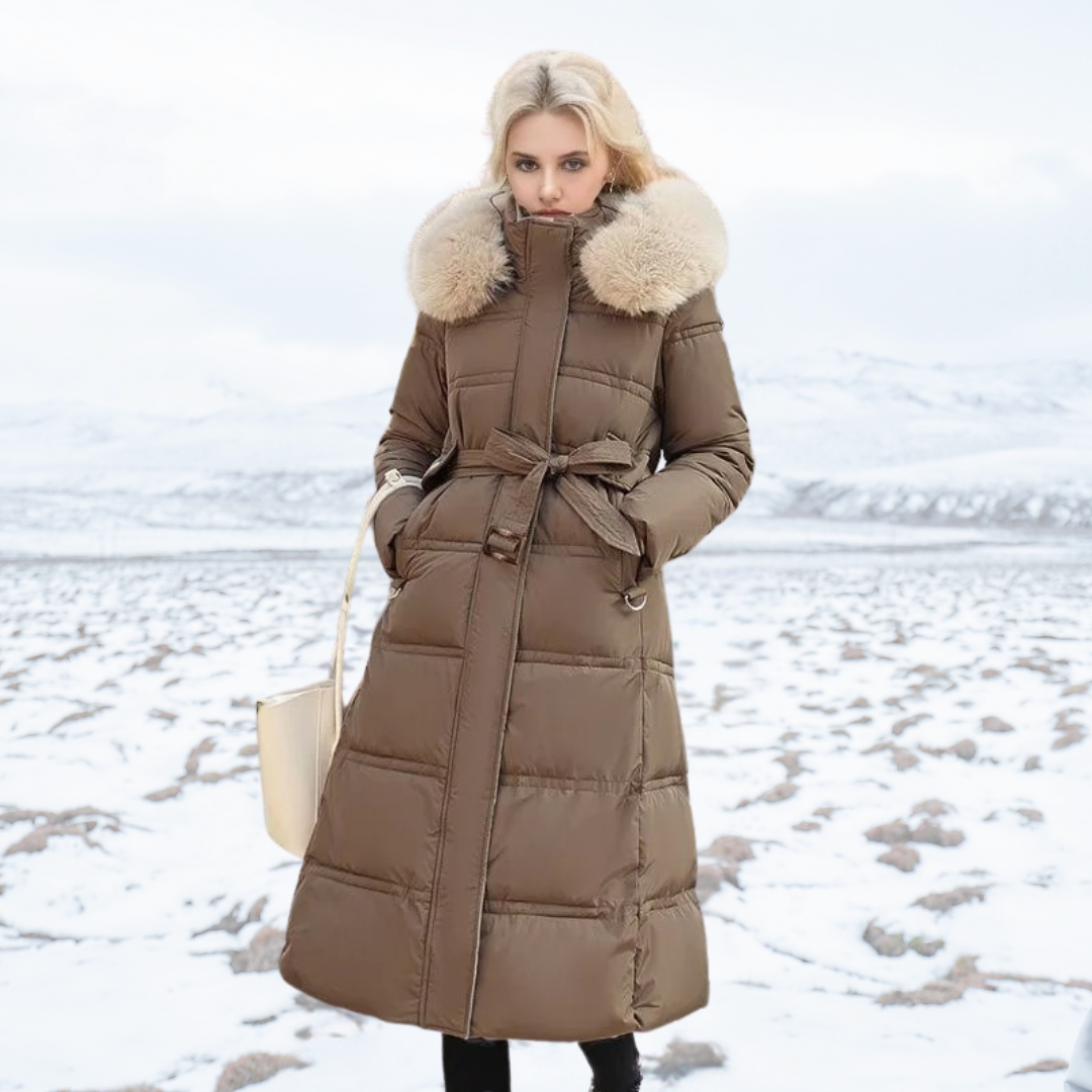 Damen Maxi Steppmantel - Gürtel mit Flauschigem Kragen