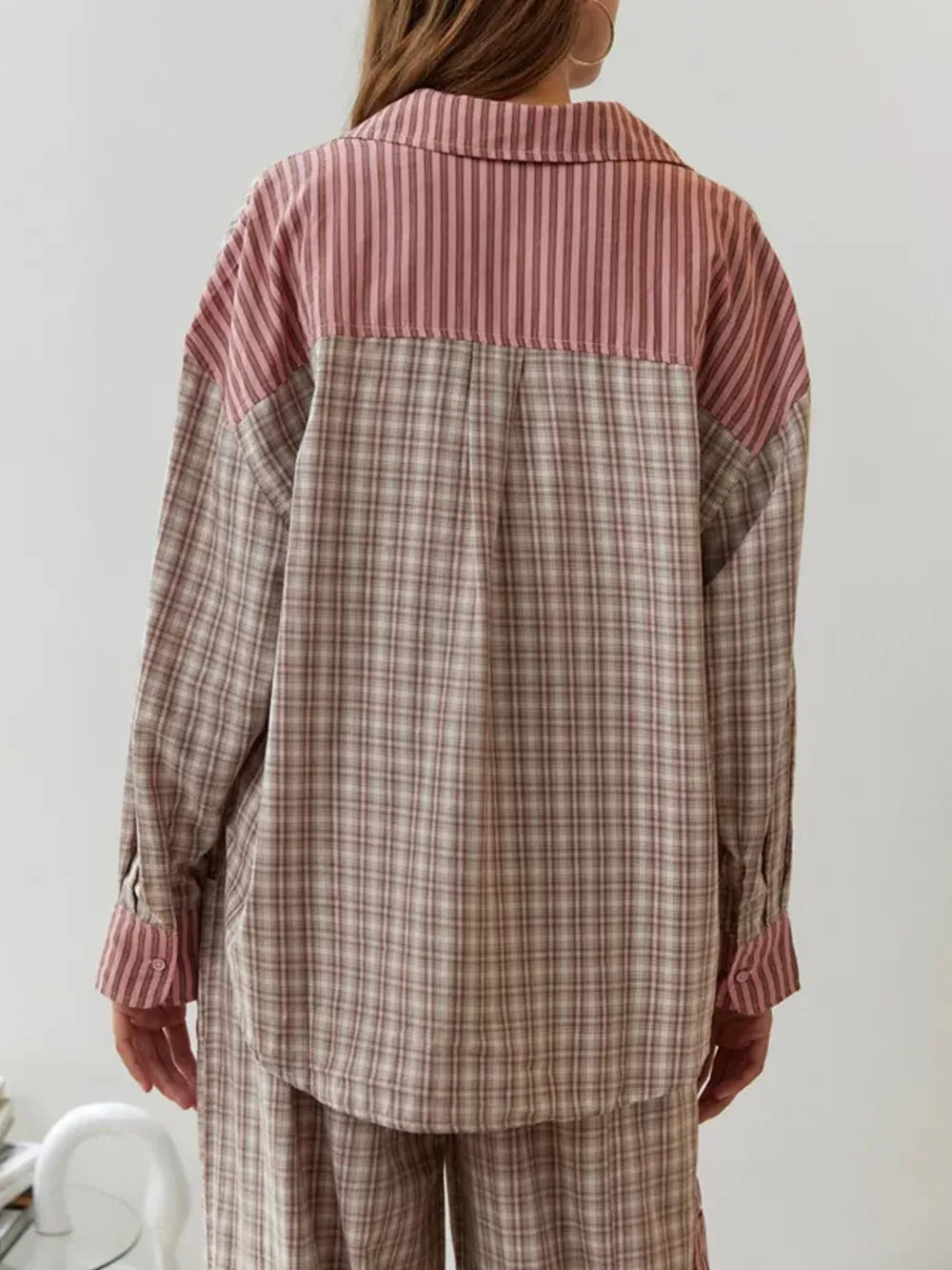 Dam Randigt Pyjamaset med Rutmönster - Skjorta & Byxor