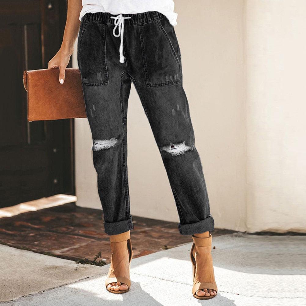 Women's Denim Jogger Jeans - Ankle Cuffs & Drawstring