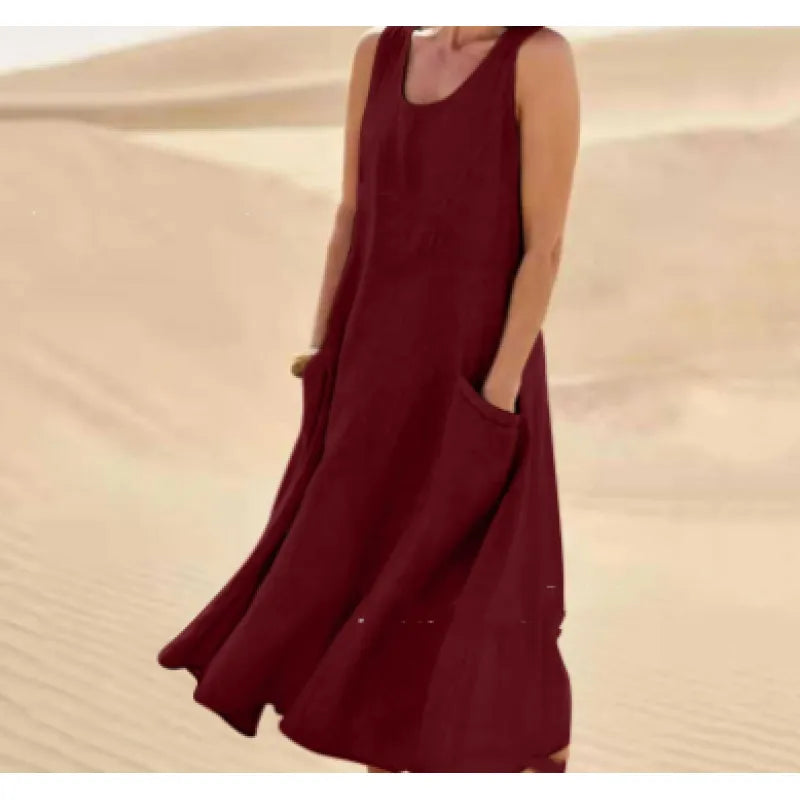Women's Linen Midi Dress - Sleeveless with Pockets